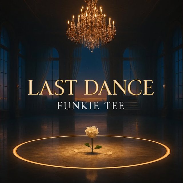 Last Dance cover: a single rose on a lit ballroom floor beneath a chandelier
